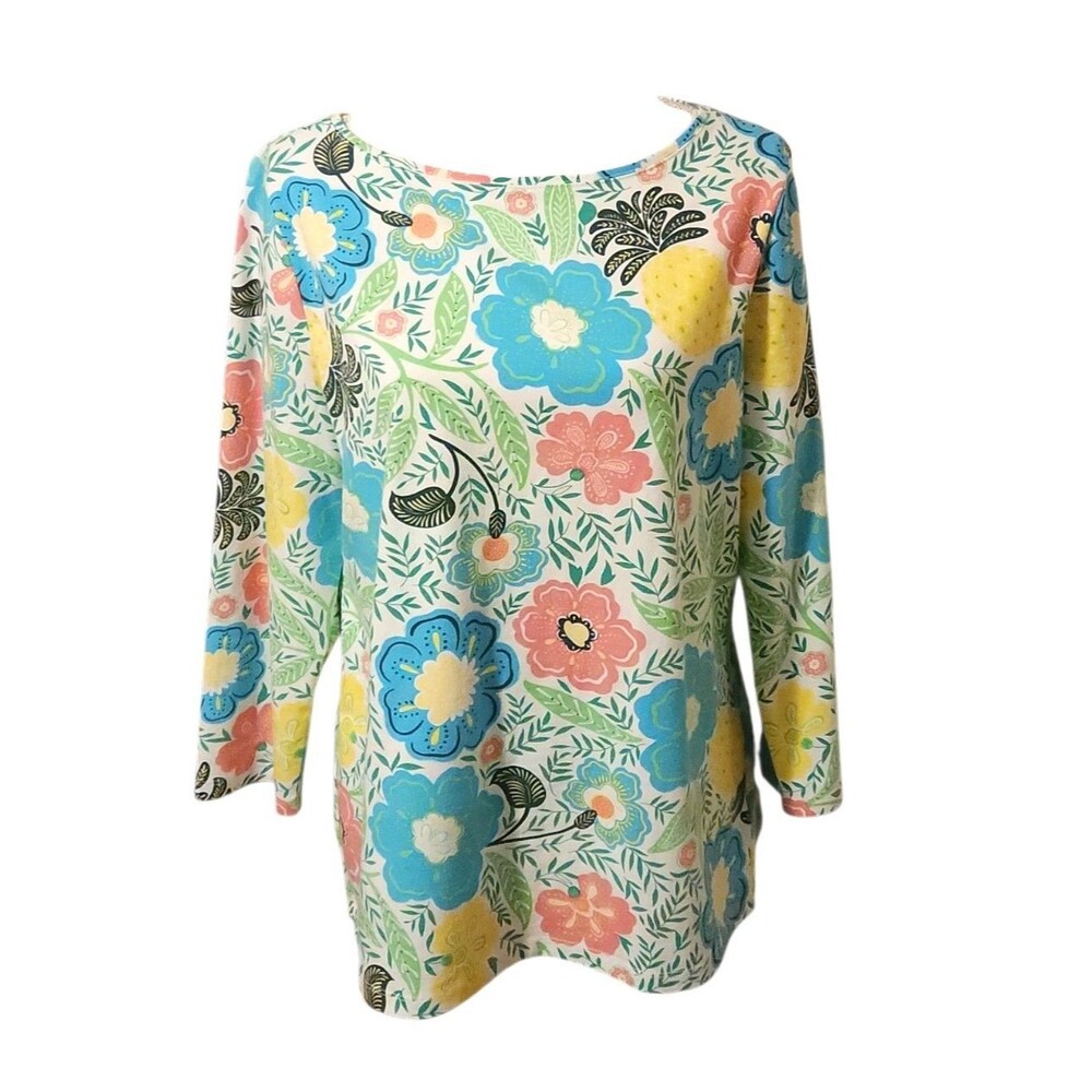The Talbots Tee Shirt Floral Paradise Boat Neck 3/4 Sleeves Womens Size Large